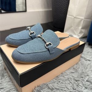 BCBGeneration Blue Mule Clogs with Silver Buckle